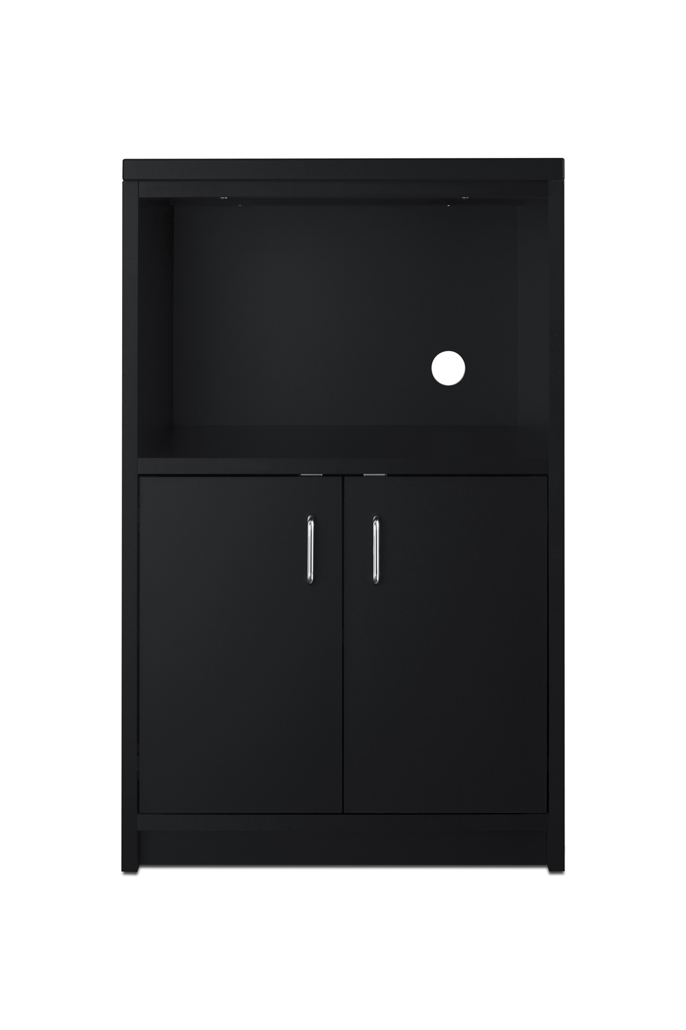 Fully assembled casework cabinet with French door swing in ADA compliant height and black finish designed to accept compact microwaves